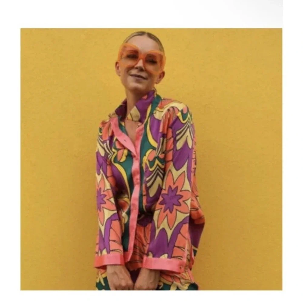 ZARA BLOGGERS FAV Printed Pocket Shirt Satin Pajama Style Colorful Size L Tropic - Picture 2 of 5